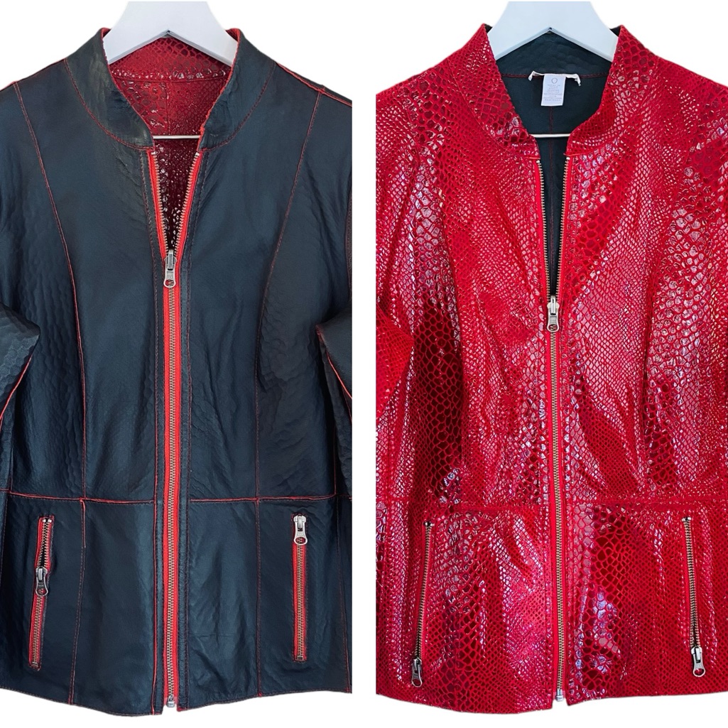 Chico’s Reversible Genuine Leather Black & Red Snakeskin Biker Style Jacket Sz 4